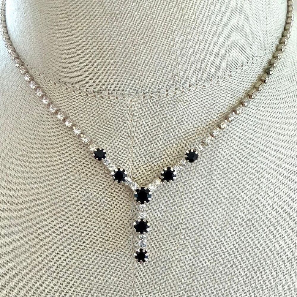 Vintage Silver-Tone Black & Clear Rhinestone Y Necklace